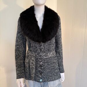 OOAK Vintage Wool Belted, Fur Trimmed Cardigan, Small, Heirloom Quality